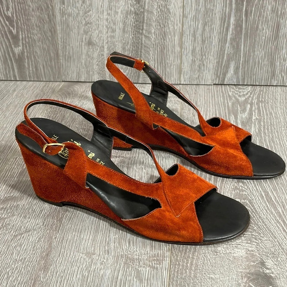 Vintage Amalfi by Rangoni Suede Leather Wedge Open Toe Sling Back Sandal… - Picture 1 of 14